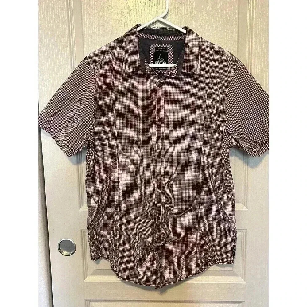 Men’s Prana Slim Fit Size Large Red Checkered Button Down T-shirt. Outdoors